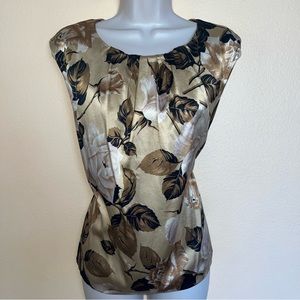 Talbots Stretch Silk Blouse Top sz 8 M Floral Roses Print Beige Black Nude Party